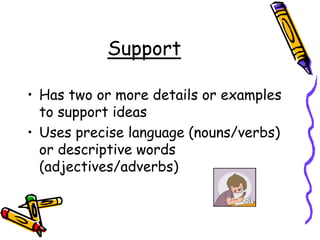 SupportHas two or more details or examples to support ideasUses precise language (nouns/verbs) or descriptive words (adjectives/adverbs)