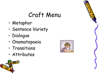 Craft MenuMetaphorSentence VarietyDialogueOnomatopoeiaTransitionsAttributes