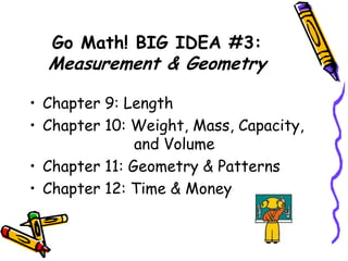 Go Math! BIG IDEA #3: Measurement & GeometryChapter 9: LengthChapter 10: Weight, Mass, Capacity, 			and VolumeChapter 11: Geometry & PatternsChapter 12: Time & Money