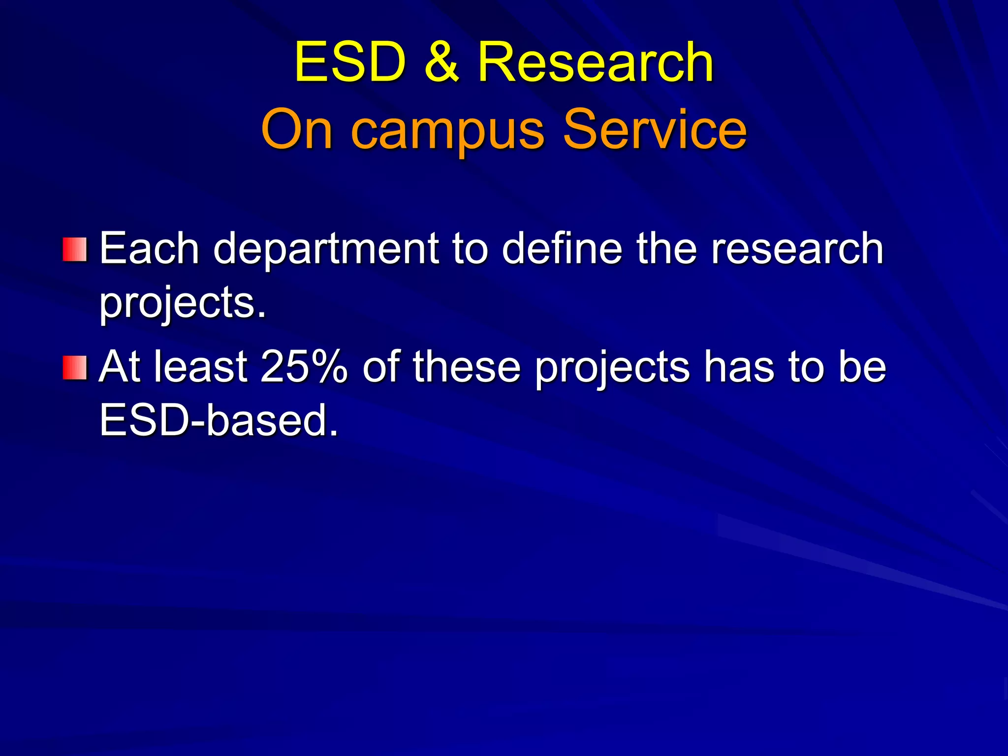 ESD & Research
On campus Service
Each department to define the research
projects.
At least 25% of these projects has to be
ESD-based.
 
