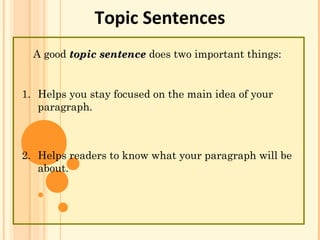 Topic Sentences
A good topic sentencetopic sentence does two important things:
1. Helps you stay focused on the main idea of your
paragraph.
2. Helps readers to know what your paragraph will be
about.
 