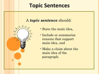 Topic Sentences
A topic sentencetopic sentence should:
•State the main idea,
•Include or summarize
reasons that support
main idea, and
•Make a claim about the
main idea of the
paragraph.
 