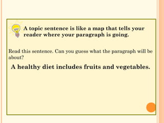 Read this sentence. Can you guess what the paragraph will be
about?
A healthy diet includes fruits and vegetables.
A topic sentence is like a map that tells your
reader where your paragraph is going.
 