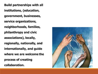 Build partnerships with all
institutions, (education,
government, businesses,
service organizations,
neighborhoods, families,
philanthropy and civic
associations), locally,
regionally, nationally, and
internationally, and guide
where we are welcome the
process of creating
collaboration.
 
