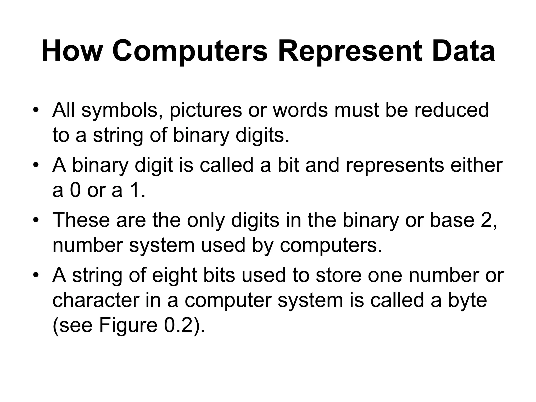 How Computers Represent Data
• All symbols, pictures or words must be reduced
to a string of binary digits.
• A binary digit is called a bit and represents either
a 0 or a 1.
• These are the only digits in the binary or base 2,
number system used by computers.
• A string of eight bits used to store one number or
character in a computer system is called a byte
(see Figure 0.2).
 