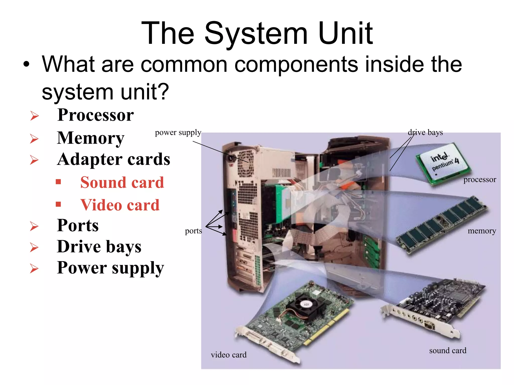 The System Unit
• What are common components inside the
system unit?
 Memory
 Adapter cards
 Sound card
 Video card
 Ports
 Drive bays
 Power supply
power supply
ports
drive bays
processor
memory
sound card
video card
 Processor
 