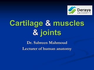 Cartilage & muscles
& joints
Dr. Sabreen Mahmoud
Lecturer of human anatomy
 