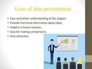 Uses of data presentation
 Easy and better understanding of the subject.
 Provide first hand information about data.
 Helpful in future analysis .
 Easy for making comparisons.
 Very attractive .
 