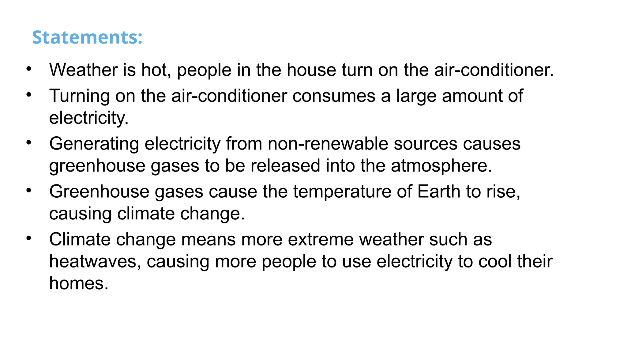Statements:
• Weather is hot, people in the house turn on the air-conditioner.
• Turning on the air-conditioner consumes a large amount of
electricity.
• Generating electricity from non-renewable sources causes
greenhouse gases to be released into the atmosphere.
• Greenhouse gases cause the temperature of Earth to rise,
causing climate change.
• Climate change means more extreme weather such as
heatwaves, causing more people to use electricity to cool their
homes.
 