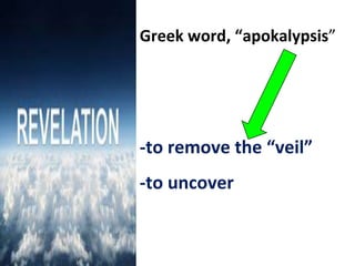 Greek word, “apokalypsis”

-to remove the “veil”
-to uncover

 