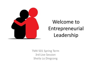 Welcome to
Entrepreneurial
Leadership
TMX 501 Spring Term
3rd Live Session
Sheila Lo Dingcong
 