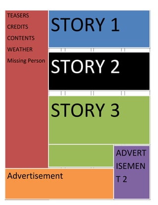 TEASERS
CREDITS
CONTENTS
                 STORY 1
WEATHER


                 STORY 2
Missing Person




                 STORY 3
                       ADVERT
                       ISEMEN
Advertisement          T2
 