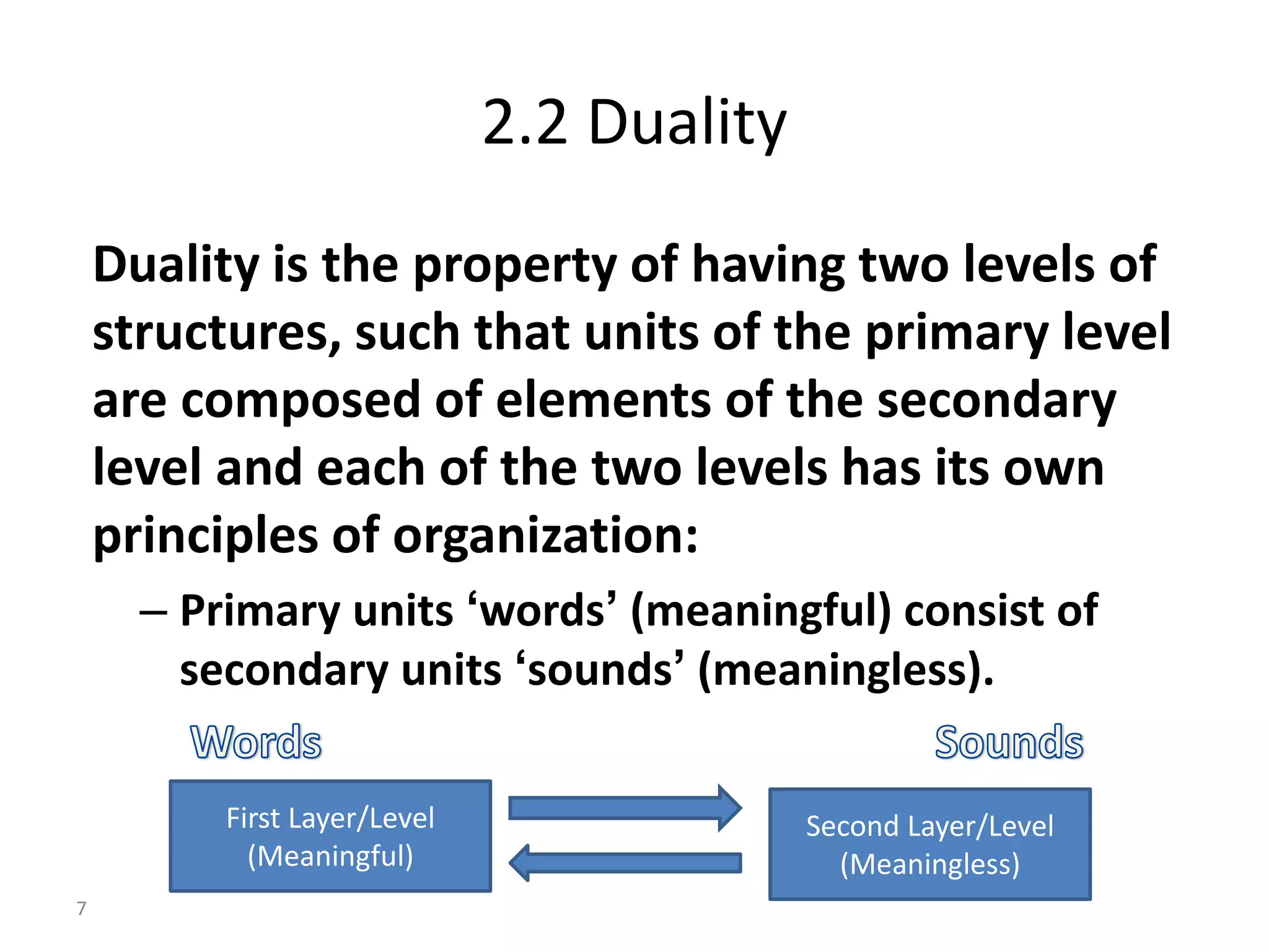 2.2 Duality
Duality is the property of having two levels of
structures, such that units of the primary level
are composed of elements of the secondary
level and each of the two levels has its own
principles of organization:
– Primary units ‘words’ (meaningful) consist of
secondary units ‘sounds’ (meaningless).
7
First Layer/Level
(Meaningful)
Second Layer/Level
(Meaningless)
 