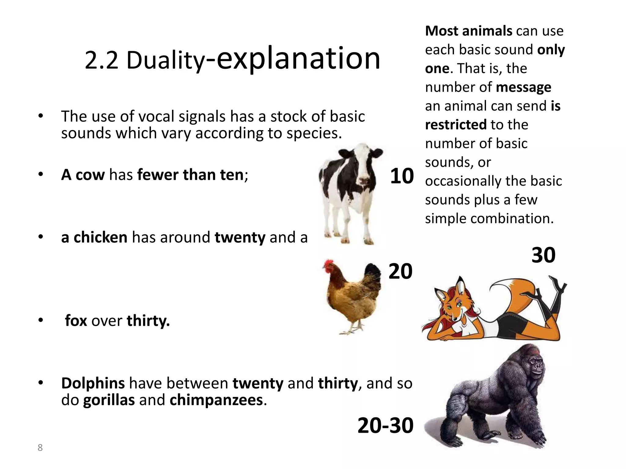 2.2 Duality-explanation
• The use of vocal signals has a stock of basic
sounds which vary according to species.
• A cow has fewer than ten;
• a chicken has around twenty and a
• fox over thirty.
• Dolphins have between twenty and thirty, and so
do gorillas and chimpanzees.
8
10
20
30
Most animals can use
each basic sound only
one. That is, the
number of message
an animal can send is
restricted to the
number of basic
sounds, or
occasionally the basic
sounds plus a few
simple combination.
20-30
 