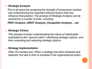    Strategic Analysis
    This is all about the analysing the strength of businesses' position
    and understanding the important external factors that may
    influence that position. The process of Strategic Analysis can be
    assisted by a number of tools, including:
    PEST Analysis ,SWOT Analysis ,Competitor Analysis… etc

   Strategic Choice
    This process involves understanding the nature of stakeholder
    expectations (the "ground rules"), identifying strategic options, and
    then evaluating and selecting strategic options.

   Strategy Implementation
    Often the hardest part. When a strategy has been analysed and
    selected, the task is then to translate it into organisational action.
 