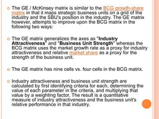   The GE / McKinsey matrix is similar to the BCG growth-share
    matrix in that it maps strategic business units on a grid of the
    industry and the SBU's position in the industry. The GE matrix
    however, attempts to improve upon the BCG matrix in the
    following two ways:

   The GE matrix generalizes the axes as "Industry
    Attractiveness" and "Business Unit Strength" whereas the
    BCG matrix uses the market growth rate as a proxy for industry
    attractiveness and relative market share as a proxy for the
    strength of the business unit.

   The GE matrix has nine cells vs. four cells in the BCG matrix.

   Industry attractiveness and business unit strength are
    calculated by first identifying criteria for each, determining the
    value of each parameter in the criteria, and multiplying that
    value by a weighting factor. The result is a quantitative
    measure of industry attractiveness and the business unit's
    relative performance in that industry.
 