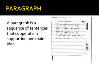 PARAGRAPHA paragraph is asequence of sentencesthat cooperate insupporting one mainidea.