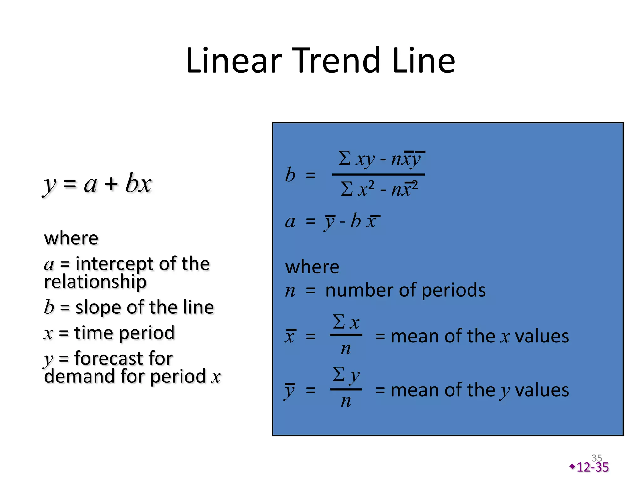 Linear Trend Line

                              xy - nxy
y = a + bx              b =
                              x2 - nx2
                        a = y-bx
where
a = intercept of the    where
relationship            n = number of periods
b = slope of the line
x = time period                x
                        x =      = mean of the x values
y = forecast for              n
demand for period x            y
                        y =   n = mean of the y values

                                                          35
                                                      12-35
 