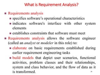 What is Requirement Analysis?
29
 Requirements analysis
 specifies software’s operational characteristics
 indicates software's interface with other system
elements
 establishes constraints that software must meet
 Requirements analysis allows the software engineer
(called an analyst or modeler in this role) to:
 elaborate on basic requirements established during
earlier requirement engineering tasks
 build models that depict user scenarios, functional
activities, problem classes and their relationships,
system and class behavior, and the flow of data as it
is transformed.
 