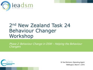 2nd New Zealand Task 24
Behaviour Changer
Workshop
Phase 2: Behaviour Change in DSM – Helping the Behaviour
Changers
Dr Sea Rotmann, Operating Agent
Wellington, March 7, 2016
 