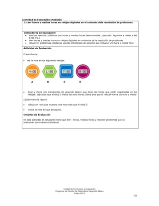 Actividad de Evaluación: Medición
 1. Leer horas y medias horas en relojes digitales en el contexto dela resolución de problemas.



 Indicadores de evaluación:
     asocian eventos cotidianos con horas y medias horas determinadas. (ejemplo: llegamos a clases a las
     8:00 hrs.)
     leen horas y medias horas en relojes digitales en contextos de la resolución de problemas
     resuelven problemas cotidianos usando estrategias de solución que incluyen una hora o media hora

 Actividad de Evaluación.

 El estudiante:

    lee la hora en los siguientes relojes:




        A                 B             C              D



     Iván y Elena son estudiantes de segundo básico que dicen las horas que están registradas en los
     relojes: Iván dice que el reloj D indica las ocho horas, Elena dice que el reloj D marca las ocho y media

 ¿Quién tiene la razón?

     dibuja un reloj que muestra una hora más que el reloj D

     indica la hora en que desayuna.

 Criterios de Evaluación

 En esta actividad el estudiante tiene que leer : horas, medias horas y resolver problemas que se
 relacionan con eventos cotidianos




                                       Unidad de Currículum y Evaluación
                                Programa de Estudio de Matemática Segundo Básico
                                                   Enero 2012
                                                                                                          103
 