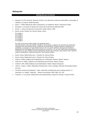 Bibliografía

                                       Bibliografía para el docente



   Alvarado, M y B.M. Brizuela. Haciendo números. Las notaciones numéricas vistas desde la psicología, la
   didáctica y la historia. Paidós Educador.
   Boule, F. (2005) Reflexiones sobre la Geometría y su enseñanza. México: Ediciones la Vasija.
   Brousseau, G Iniciación al estudio de la teoría de las situaciones didácticas.2007
   Bruner , J. Hacia una teoría de la instrucción .Uthea, México, 1969
   Burton, Grace, Orlando. Ed. Harcourt Brace. Libros:
   Mi   ventaja   1
   Mi   ventaja   2
   Mi   ventaja   3
   Mi   ventaja   4
   Mi   ventaja   5
   Mi   ventaja   6

   En cada uno de esos niveles existen los siguientes libros:
   Libro del alumno, Libro del profesor, Amplía tu conocimiento, Cuaderno de resolución de problemas,
   Evaluación del conocimiento previo, Evaluación de rendimiento, Pruebas, Refuerzo, Resolución de
   problemas, La escuela y la casa, Míralo otra vez, Por mi cuenta, Práctica, Recursos de enseñanza,
   Assessing prior Knowledge, Enrichment stretch your thinking, , On my own, Performance assessment,
   Practice on my own, Problem solving, Reteaching, Stretch your thinking, Take another Look, Teachers
   guide for Assessment, Teaching resources, Test copying masters,

   Burton, Grace, Mathematics plus 1. Orlando, Ed. Harcourt Brace.
   Burton, Grace, Mathematics plus 3. Orlando, Ed. Harcourt Brace
   Castro E. (2003). Didáctica de la Matemática en La Educación Primaria. Madrid: Pearson.
   Chamorro M. (2003). Didáctica de la Matemática para Primaria. Madrid: Pearson
   Chamorro, MÈ. (2005) Didáctica de las Matemáticas. Madrid: Pearson Educación.
   Cofré A. y Tapia L. (2002). Matemática Recreativa en el Aula. Santiago: Ediciones Universidad Católica
   de Chile..
   Formación continua de profesores. Cómo desarrollar competencias para el trabajo escolar ? C.
   Sotomayor y H. Walker (editores).     Editorial Universitaria, 2009. Págs. 321-334.
   Frykholm, J.F. (In press). Mathematics with Understanding. Longmont, Colorado: Cambium Press:




                                      Unidad de Currículum y Evaluación
                               Programa de Estudio de Matemática Segundo Básico
                                                  Enero 2012
                                                                                                        108
 