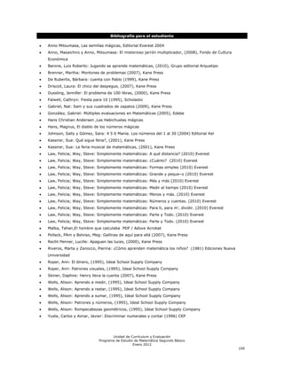 Bibliografía para el estudiante

Anno Mitsumasa, Las semillas mágicas, Editorial Everest 2004
Anno, Masaichiro y Anno, Mitsumasa: El misterioso jarrón multiplicador, (2008), Fondo de Cultura
Económica
Barone, Luis Roberto: Jugando se aprende matemáticas, (2010), Grupo editorial Arquetipo
Brenner, Martha: Montones de problemas (2007), Kane Press
De Rubertis, Bárbara: cuenta con Pablo (1999), Kane Press
Driscoll, Laura: El chico del despegue, (2007), Kane Press
Dussling, Jennifer: El problema de 100 libras, (2000), Kane Press
Falwell, Cathryn: Fiesta para 10 (1995), Scholastic
Gabriel, Nat: Sam y sus cuadrados de zapatos (2009), Kane Press
González, Gabriel: Múltiples evaluaciones en Matemáticas (2005), Edebe
Hans Christian Andersen ,Las Habichuelas mágicas
Hans, Magnus, El diablo de los números mágicas
Johnson, Sally y Gómez, Sara: 4 5 6 Manía. Los números del 1 al 30 (2004) Editorial Kel
Kassirer, Sue: Qué sigue Nina?, (2001), Kane Press
Kassirer, Sue: La feria musical de matemáticas, (2001), Kane Press
Law, Felicia; Way, Steve: Simplemente matemáticas: A qué distancia? (2010) Everest
Law, Felicia; Way, Steve: Simplemente matemáticas: ¿Cuánto? (2010) Everest
Law, Felicia; Way, Steve: Simplemente matemáticas: Formas simples (2010) Everest
Law, Felicia; Way, Steve: Simplemente matemáticas: Grande y peque–o (2010) Everest
Law, Felicia; Way, Steve: Simplemente matemáticas: Más y más (2010) Everest
Law, Felicia; Way, Steve: Simplemente matemáticas: Medir el tiempo (2010) Everest
Law, Felicia; Way, Steve: Simplemente matemáticas: Menos y más. (2010) Everest
Law, Felicia; Way, Steve: Simplemente matemáticas: Números y cuentas. (2010) Everest
Law, Felicia; Way, Steve: Simplemente matemáticas: Para ti, para m’, dividir. (2010) Everest
Law, Felicia; Way, Steve: Simplemente matemáticas: Parte y Todo. (2010) Everest
Law, Felicia; Way, Steve: Simplemente matemáticas: Parte y Todo. (2010) Everest
Malba, Tahan,El hombre que calculaba PDF / Adove Acrobat
Pollack, PAm y Belviso, Meg: Gallinas de aquí para allá (2007), Kane Press
Recht Penner, Lucille: Apaguen las luces, (2000), Kane Press
Riveros, Marta y Zanocco, Pierina: ¿Cómo aprenden matemática los niños? (1981) Ediciones Nueva
Universidad
Roper, Ann: El dinero, (1995), Ideal School Supply Company
Roper, Ann: Patrones visuales, (1995), Ideal School Supply Company
Skiner, Daphne: Henry lleva la cuenta (2007), Kane Press
Wells, Alison: Aprendo a medir, (1995), Ideal School Supply Company
Wells, Alison: Aprendo a restar, (1995), Ideal School Supply Company
Wells, Alison: Aprendo a sumar, (1995), Ideal School Supply Company
Wells, Alison: Patrones y números, (1995), Ideal School Supply Company
Wells, Alison: Rompecabezas geométricos, (1995), Ideal School Supply Company
Yuste, Carlos y Aznar, Javier: Discriminar numerales y contar (1996) CEP




                                  Unidad de Currículum y Evaluación
                           Programa de Estudio de Matemática Segundo Básico
                                              Enero 2012
                                                                                                   109
 
