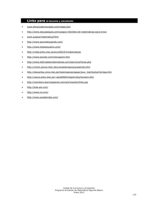 Links para        el docente y estudiante

www.elhuevodechocolate.com/mates.htm

http://www.educapeques.com/juegos-infantiles-de-matematicas-para-ninos

www.juegos/matematica/html

http://www.aprendejugando.com/

http://www.todoeducativo.com/

http://roble.pntic.mec.es/arum0010/#matematicas

http://www.escolar.com/menugeom.htm

http://www.disfrutalasmatematicas.com/ejercicios/horas.php

http://cremc.ponce.inter.edu/carpetamagica/guiaelreloj.htm

http://descartes.cnice.mec.es/matemagicas/pages/jeux_mat/textes/horloge.htm

http://sauce.pntic.mec.es/~atub0000/hotpot/reloj/horasini.htm

http://members.learningplanet.com/act/mayhem/free.asp

http://kids.aol.com/

http://www.ixl.com/

http://www.aulademate.com/




                                Unidad de Currículum y Evaluación
                         Programa de Estudio de Matemática Segundo Básico
                                            Enero 2012
                                                                              110
 