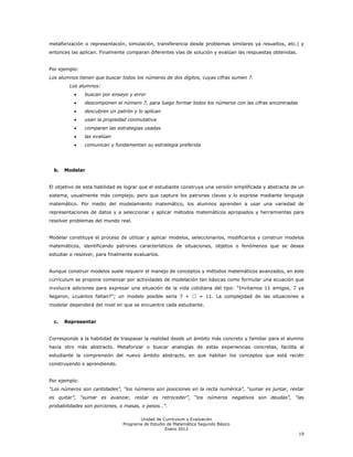 metaforización o representación, simulación, transferencia desde problemas similares ya resueltos, etc.) y
entonces las aplican. Finalmente comparan diferentes vías de solución y evalúan las respuestas obtenidas.


Por ejemplo:
Los alumnos tienen que buscar todos los números de dos dígitos, cuyas cifras sumen 7.
        Los alumnos:
               buscan por ensayo y error
               descomponen el número 7, para luego formar todos los números con las cifras encontradas
               descubren un patrón y lo aplican
               usan la propiedad conmutativa
               comparan las estrategias usadas
               las evalúan
               comunican y fundamentan su estrategia preferida




  b.   Modelar


El objetivo de esta habilidad es lograr que el estudiante construya una versión simplificada y abstracta de un
sistema, usualmente más complejo, pero que capture los patrones claves y lo exprese mediante lenguaje
matemático. Por medio del modelamiento matemático, los alumnos aprenden a usar una variedad de
representaciones de datos y a seleccionar y aplicar métodos matemáticos apropiados y herramientas para
resolver problemas del mundo real.


Modelar constituye el proceso de utilizar y aplicar modelos, seleccionarlos, modificarlos y construir modelos
matemáticos, identificando patrones característicos de situaciones, objetos o fenómenos que se desea
estudiar o resolver, para finalmente evaluarlos.


Aunque construir modelos suele requerir el manejo de conceptos y métodos matemáticos avanzados, en este
currículum se propone comenzar por actividades de modelación tan básicas como formular una ecuación que
involucra adiciones para expresar una situación de la vida cotidiana del tipo: ―Invitamos 11 amigos, 7 ya
llegaron, ¿cuántos faltan?‖; un modelo posible sería 7 +  = 11. La complejidad de las situaciones a
modelar dependerá del nivel en que se encuentre cada estudiante.


  c.   Representar


Corresponde a la habilidad de traspasar la realidad desde un ámbito más concreto y familiar para el alumno
hacia otro más abstracto. Metaforizar o buscar analogías de estas experiencias concretas, facilita al
estudiante la comprensión del nuevo ámbito abstracto, en que habitan los conceptos que está recién
construyendo o aprendiendo.


Por ejemplo:
“Los números son cantidades”, “los números son posiciones en la recta numérica”, “sumar es juntar, restar
es quitar”, “sumar es avanzar, restar es retroceder”, “los números negativos son deudas”, “las
probabilidades son porciones, o masas, o pesos…”.

                                       Unidad de Currículum y Evaluación
                                Programa de Estudio de Matemática Segundo Básico
                                                   Enero 2012
                                                                                                            19
 