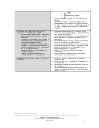 -   ☐☐☐ ••••
                                                                                             -   30+4
                                                                                             -   3 decenas y 4 unidades
                                                                                             -   34
                                                                                   indican decenas y unidades en un número de dos
                                                                                   dígitos
                                                                                   describen un número dado de dos dígitos, en el
                                                                                   ámbito hasta 50 de al menos dos formas. Ejemplo:
                                                                                   34 como 3 grupos de 10 con 4 unidades sobrantes ó
                                                                                   34 como 3 decenas con 4 unidades, y también 34
                                                                                   unidades4

      7. Demostrar que comprende la adición y la                                   cuentan diferentes situaciones cotidianas donde
       sustracción en el ámbito del 0 al 100:                                      reconocen que necesitan agregar o quitar elementos
             usando un lenguaje cotidiano y matemático                             para resolver el problema
             para describir acciones desde su propia                               suman y restan números con resultado hasta el 100
             experiencia                                                           con la aplicación del algoritmo de la adición y la
             resolviendo problemas con una variedad de                             sustracción
             representaciones concretas y pictóricas,                              resuelven todas las adiciones y sustracciones hasta
             incluyendo software educativo                                         20 en forma mental (sin papel ni lápiz)
             registrando el proceso en forma simbólica                             crean un cuento matemático para una adición dada
             aplicando los resultados de las adiciones y                           resuelven problemas de adición y sustracción, luego
             sustracciones de los números naturales del                            expresan la solución con el uso de algoritmos.
             0 a 20 sin realizar cálculos                                          Ejemplo de algoritmo: 13+2=15
             aplicando el algoritmo de la adición sin                              registran de manera simbólica adiciones y
             considerar reserva                                                    sustracciones
             creando problemas matemáticos en                                      crean problemas matemáticos para adiciones y
             contextos familiares y resolviéndolos                                 sustracciones dadas y lo resuelven

      8. Identificar días, semanas, meses y fechas en el                           nombran y ordenan los días de la semana y los
       calendario.                                                                 meses del año
                                                                                   comunican que son 7 los días de la semana y 12 los
                                                                                   meses del año
                                                                                   reconocer y nombran fechas importantes con el uso
                                                                                   del calendario
                                                                                   resuelven problemas que involucren medición de
                                                                                   tiempo. Ejemplo: ¿cuántos días o meses faltan para
                                                                                   el día del colegio?




4
    En esta unidad se trabaja en el ámbito numérico hasta 50. El objetivo se completa en la unidad 2 donde el ámbito es hasta 100
                                                  Unidad de Currículum y Evaluación
                                           Programa de Estudio de Matemática Segundo Básico
                                                              Enero 2012
                                                                                                                                    34
 