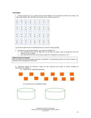 Actividades

    1. Forman grupos de 3 o 4 cuatro alumnos para trabajar con las piezas de cartón de la figura, las
    cuales están dadas. Ellos identifican las piezas cuyos números suman 10.


     5        5      4       4       7       7      4       2
     5        7      8       5       3       3      7       7


     3        3      3       8       6       6       7      6
     7        4      8       2       7       6       2      5


     4        2      7       9       1       2      1       3
     6        6      2       0       8       9      9       8


     0        7      9       4       0       8      8       9
     9        6      2       4       8       3      2       2


    Los alumnos deben hacer las identificaciones en el menor tiempo posible.

    2.   Resuelven los siguientes desafíos, que implican completar 10:
         a. Dos números suman 10. Se sabe que uno de ellos es impar, ¿qué se puede decir del otro
             número: es par o impar?
         b. Dos números suman 20, ¿qué número puede ser el segundo si el primero es 13?

Observaciones al docente:
Para que todos los alumnos pueda solucionar los desafíos, se recomienda guiarlos de manera creativa y
flexible hacia la búsqueda de soluciones.



    3. Descubren dobles de números a partir de dos conjuntos que tienen la misma cantidad de
    elementos. Por ejemplo:
            a) Ubican los 12 cuadrados siguientes




                  en los dos tarros en cantidades iguales




                                        Unidad de Currículum y Evaluación
                                 Programa de Estudio de Matemática Segundo Básico
                                                    Enero 2012
                                                                                                        45
 