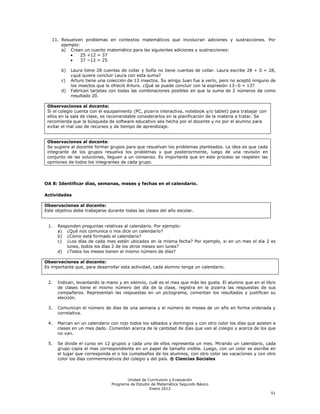 11. Resuelven problemas en contextos matemáticos que involucran adiciones y sustracciones. Por
       ejemplo:
       a) Crean un cuento matemático para las siguientes adiciones y sustracciones:
                25 +12 = 37
                37 −12 = 25

        b)   Laura tiene 28 cuentas de collar y Sofía no tiene cuentas de collar. Laura escribe 28 + 0 = 28,
             ¿qué quiere concluir Laura con esta suma?
        c)   Arturo tiene una colección de 13 insectos. Su amigo Juan fue a verlo, pero no aceptó ninguno de
             los insectos que le ofreció Arturo. ¿Qué se puede concluir con la expresión 13−0 = 13?
        d)   Fabrican tarjetas con todas las combinaciones posibles en que la suma de 2 números da como
             resultado 20.

 Observaciones al docente:
 Si el colegio cuenta con el equipamiento (PC, pizarra interactiva, notebook y/o tablet) para trabajar con
 ellos en la sala de clase, es recomendable considerarlos en la planificación de la materia a tratar. Se
 recomienda que la búsqueda de software educativo sea hecha por el docente y no por el alumno para
 evitar el mal uso de recursos y de tiempo de aprendizaje.


 Observaciones al docente:
 Se sugiere al docente formar grupos para que resuelvan los problemas planteados. La idea es que cada
 integrante de los grupos resuelva los problemas y que posteriormente, luego de una revisión en
 conjunto de las soluciones, lleguen a un consenso. Es importante que en este proceso se respeten las
 opiniones de todos los integrantes de cada grupo.




OA 8: Identificar días, semanas, meses y fechas en el calendario.

Actividades

Observaciones al docente:
Este objetivo debe trabajarse durante todas las clases del año escolar.


 1.   Responden preguntas relativas al calendario. Por ejemplo:
      a) ¿Qué nos comunica o nos dice un calendario?
      b) ¿Cómo está formado el calendario?
      c) ¿Los días de cada mes están ubicados en la misma fecha? Por ejemplo, si en un mes el día 2 es
          lunes, todos los días 2 de los otros meses son lunes?
      d) ¿Todos los meses tienen el mismo número de días?

Observaciones al docente:
Es importante que, para desarrollar esta actividad, cada alumno tenga un calendario.


 2.   Indican, levantando la mano y en silencio, cuál es el mes que más les gusta. El alumno que en el libro
      de clases tiene el mismo número del día de la clase, registra en la pizarra las respuestas de sus
      compañeros. Representan las respuestas en un pictograma, comentan los resultados y justifican su
      elección.

 3.   Comunican el número de días de una semana y el número de meses de un año en forma ordenada y
      correlativa.

 4.   Marcan en un calendario con rojo todos los sábados y domingos y con otro color los días que asisten a
      clases en un mes dado. Comentan acerca de la cantidad de días que van al colegio y acerca de los que
      no van.

 5.   Se divide el curso en 12 grupos y cada uno de ellos representa un mes. Mirando un calendario, cada
      grupo copia el mes correspondiente en un papel de tamaño visible. Luego, con un color se escribe en
      el lugar que corresponda el o los cumpleaños de los alumnos, con otro color las vacaciones y con otro
      color los días conmemorativos del colegio y del país. ® Ciencias Sociales



                                      Unidad de Currículum y Evaluación
                               Programa de Estudio de Matemática Segundo Básico
                                                  Enero 2012
                                                                                                             51
 