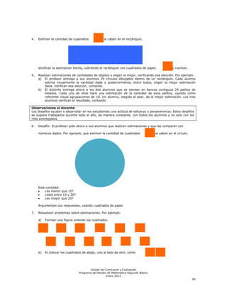 4.   Estiman la cantidad de cuadrados          que caben en el rectángulo.




     Verifican la estimación hecha, cubriendo el rectángulo con cuadrados de papel,         y los cuentan.

5.   Realizan estimaciones de cantidades de objetos y eligen la mejor, verificando esa elección. Por ejemplo:
     a) El profesor entrega a sus alumnos 29 círculos dibujados dentro de un rectángulo. Cada alumno
         estima visualmente la cantidad dada y posteriormente, entre todos, eligen la mejor estimación
         dada. Verifican esa elección, contando.
     b) El docente entrega ahora a los dos alumnos que se sientan en bancos contiguos 24 palitos de
         helados. Cada uno de ellos hace una estimación de la cantidad de esos palitos, usando como
         referente visual agrupaciones de 10. Un alumno, elegido al azar, da la mejor estimación. Los tres
         alumnos verifican el resultado, contando.

Observaciones al docente:
Los desafíos ayudan a desarrollar en los estudiantes una actitud de esfuerzo y perseverancia. Estos desafíos
se sugiere trabajarlos durante todo el año, de manera constante, con todos los alumnos y no solo con los
más aventajados.

6.   Desafío: El profesor pide ahora a sus alumnos que realicen estimaciones y que las comparen con

     números dados. Por ejemplo, que estimen la cantidad de cuadrados              que caben en el círculo.




     Esta cantidad:
         ¿es menor que 10?
         ¿está entre 10 y 20?
         ¿es mayor que 20?

     Argumentan sus respuestas, usando cuadrados de papel

7.   Resuelven problemas sobre estimaciones. Por ejemplo:

     a)   Forman una figura uniendo los cuadrados:




     b)   Al colocar los cuadrados de abajo, uno al lado de otro, como




                                       Unidad de Currículum y Evaluación
                                Programa de Estudio de Matemática Segundo Básico
                                                   Enero 2012
                                                                                                              64
 