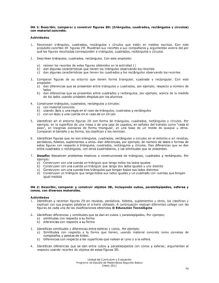 OA 1: Describir, comparar y construir figuras 2D: (triángulos, cuadrados, rectángulos y círculos)
con material concreto.

Actividades

1.   Reconocen triángulos, cuadrados, rectángulos y círculos que están en medios escritos. Con este
     propósito recortan 10 figuras 2D. Muestran sus recortes a sus compañeros y argumentan acerca del por
     qué las figuras recortadas corresponden a triángulos, cuadrados, rectángulos y círculos.

2.   Describen triángulos, cuadrados, rectángulos. Con este propósito:

     a)   reúnen los recortes de estas figuras obtenidos en la actividad 1)
     b)   dan algunas características que tienen los triángulos observando los recortes
     c)   dan algunas características que tienen los cuadrados y los rectángulos observando los recortes

3.   Comparan figuras de su entorno que tienen forma triangular, cuadrada y rectangular. Con este
     propósito:
     a) dan diferencias que se presentan entre triángulos y cuadrados, por ejemplo, respecto a número de
         lados
     b) dan diferencias que se presentan entre cuadrados y rectángulos, por ejemplo, acerca de la medida
         de los lados usando unidades elegidas por los alumnos

4.   Construyen triángulos, cuadrados, rectángulos y círculos:
     a) con material concreto
     b) usando lápiz y una regla en el caso de triángulos, cuadrados y rectángulos
     c) con un lápiz y una cuerda en el caso de un círculo

5.   Identifican en el entorno figuras 2D con forma de triángulos, cuadrados, rectángulos y círculos. Por
     ejemplo, en la superficie de una mesa o de una caja de zapatos, en señales del tránsito como ―ceda el
     paso‖, en insignias escolares de forma triangular, en una base de un molde de queque u otros.
     Comparan el tamaño y su forma, los clasifican y los nominan.

6.   Identifican figuras que no son triángulos, cuadrados, rectángulos y círculos en el entorno o en revistas,
     periódicos, folletos, suplementos u otros. Dan diferencias, por ejemplo, de número de lados o formas de
     estas figuras con respecto a triángulos, cuadrados, rectángulos y círculos. Dan diferencias que se dan
     entre cuadrados y rectángulos, con otros cuadriláteros, y las similitudes que se presentan.

7.   Desafío: Resuelven problemas relativos a construcciones de triángulos, cuadrados y rectángulos. Por
     ejemplo:
     a) Construyen con una cuerda un triángulo que tenga todos los lados iguales
     b) Construyen con una cuerda un triángulo que tenga dos lados iguales y uno distinto
     c) Construyen con una cuerda tres triángulos que tengan todos sus lados distintos
     d) Construyen un triángulo que tenga todos sus lados iguales y un cuadrado con cuerdas que tengan
         igual medida


OA 2: Describir, comparar y construir objetos 3D, incluyendo cubos, paralelepípedos, esferas y
conos, con diversos materiales.

Actividades
1. Identifican y recortan figuras 2D en revistas, periódicos, folletos, suplementos u otros, los clasifican y
    explican con sus propias palabras el criterio utilizado. A continuación realizan diferentes collage con las
    figuras de cada una de las clasificaciones obtenidas ® Educación Tecnológica

2.   Identifican diferencias y similitudes que se dan en cubos y paralelepípedos. Por ejemplo:
     a) similitudes con respecto a su forma
     b) diferencias con respecto a su forma

3.   Identifican similitudes y diferencias entre esferas y conos. Por ejemplo:
     a) Similitudes con respecto a la forma que tienen, usando material concreto como cornetas de
         cumpleaños y pelotas de fútbol.
     b) Diferencias con respecto a las superficies que rodean al cono y a la esfera.

4.   Identifican diferencias que se dan entre cubos y paralelepípedos con conos y esferas; argumentan al
     respecto usando recortes de objetos de estas figuras 3D.


                                       Unidad de Currículum y Evaluación
                                Programa de Estudio de Matemática Segundo Básico
                                                   Enero 2012
                                                                                                            79
 
