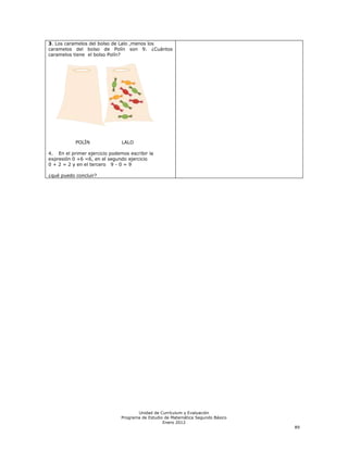 3. Los caramelos del bolso de Lalo ,menos los
caramelos del bolso de Polín son 9. ¿Cuántos
caramelos tiene el bolso Polín?




           POLÍN               LALO

4. En el primer ejercicio podemos escribir la
expresión 0 +6 =6, en el segundo ejercicio
0 + 2 = 2 y en el tercero 9 - 0 = 9

¿qué puedo concluir?




                                      Unidad de Currículum y Evaluación
                               Programa de Estudio de Matemática Segundo Básico
                                                  Enero 2012
                                                                                  89
 