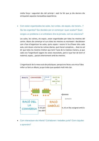 molta força i seguretat des del principi i això ha fet que jo dia darrera dia
    enriqueixin aquesta maravallosa experiència.



•   Com estan organitzades les aules, les runites, els espais, els horaris...?

    Qui les organitza? Qui decideix per on començar i quan acabar? Quan

    sorgeix un problema o un entrebanc dins la jornada, com es soluciona?

    Les aules, les rutines, els espais...estan organitzades per totes les mestres del
    centre. Abans de començar el curs totes les mestres es reuniexen i decidieixen
    com s’han d’organitzar les aules, quins espais i racons hi ha d’haver dins cada
    aula, com duran a terme les rutines diaries, quin horari compliran,... Això no vol
    dir que totes les mestres tindran que tenir l’aula de la mateixa manera, ja que
    cada una l’organitzarà segons les seves necessitats, però si que han de tenir el
    material, espais,...pactat anteriorment amb les mestres.



    L’organització de la meva aula de pràctiques: perquè ens feceu una mica l’idea
    millor us faré un dibuix, ja que trobo que quedarà molt més clar.




                 canviadors        Casiller     Racó de
      banys                        s
                                                    la
                                                bibliotec
                                                     a




                                                            entrada

      Racó del                          Racó
             la                      simbòlic
    Dafora de l’aula trobem els penjadors, on cada infant, té un lloc assignat amb la
      conversa
    seva foto per deixar el seu abric penjat.



•   Com interactuen els infants? Col·laboren i treballen junts? Com s'ajuden

    a aprendre?
 