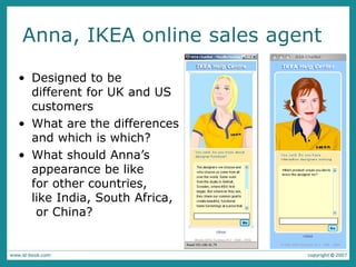 • Designed to be
different for UK and US
customers
• What are the differences
and which is which?
• What should Anna’s
appearance be like
for other countries,
like India, South Africa,
or China?
Anna, IKEA online sales agent
 
