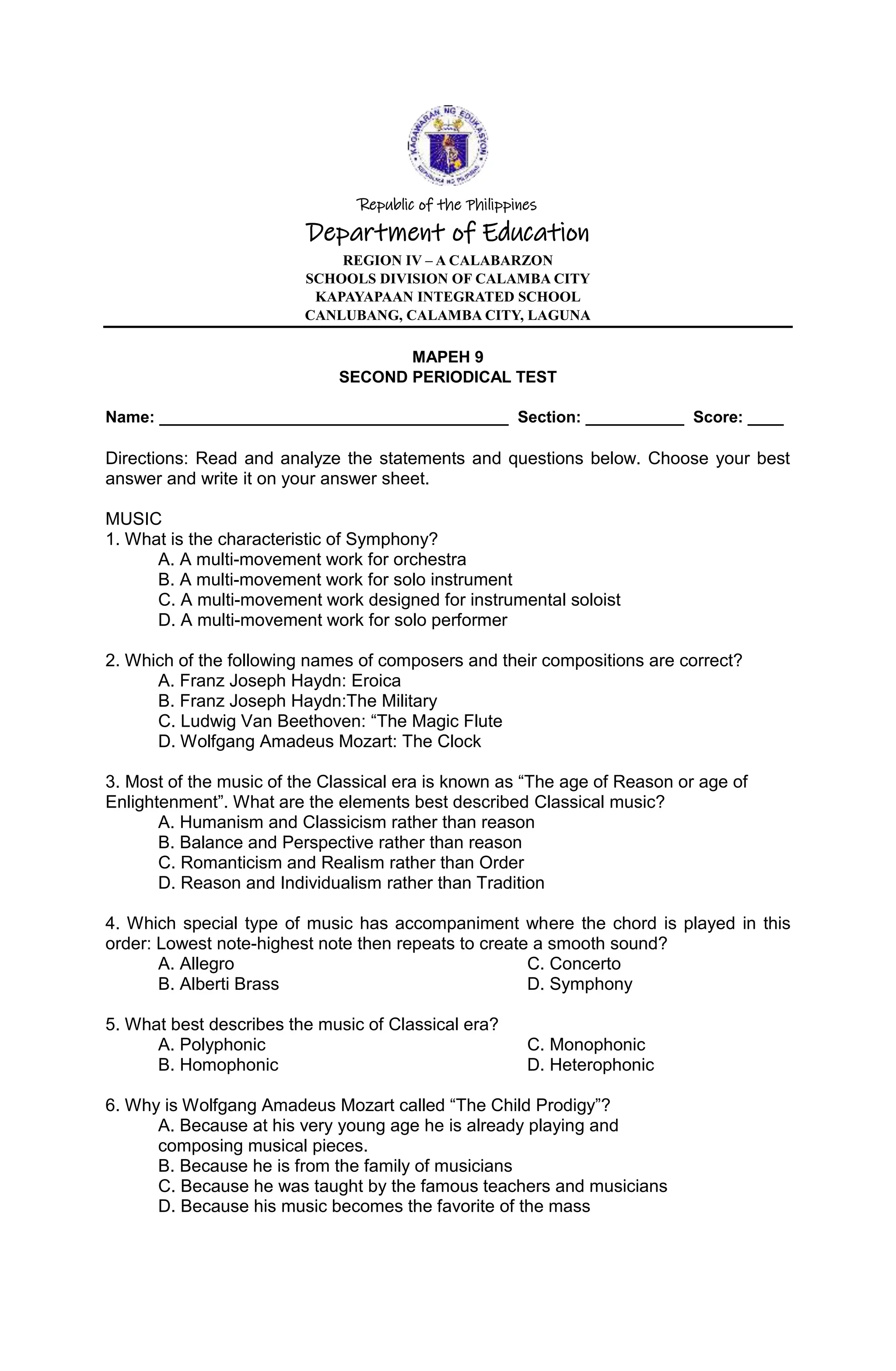 2ND PERIODICAL EXAMINATION FOR GRADE 8 SCHOOL YEAR 20232024 DEPED