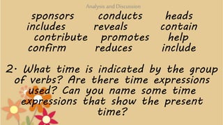 sponsors conducts heads
includes reveals contain
contribute promotes help
confirm reduces include
2. What time is indicate...
