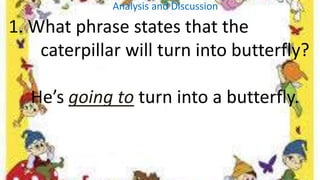 1. What phrase states that the
caterpillar will turn into butterfly?
He’s going to turn into a butterfly.
Analysis and Dis...
