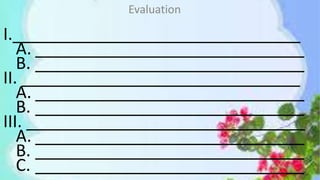I._______________________________
A. _____________________________
B. _____________________________
II. ______________________________
A. _____________________________
B. _____________________________
III. ______________________________
A. _____________________________
B. _____________________________
C. _____________________________
Evaluation
 
