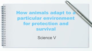How animals adapt to a
particular environment
for protection and
survival
Science V
 