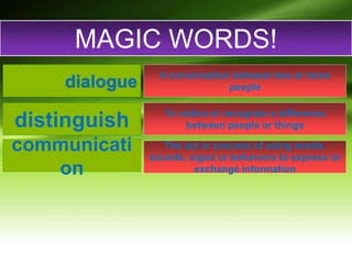 dialogue
MAGIC WORDS!
A conversation between two or more
people
distinguish To notice or recognize a difference
between people or things
communicati
on
The act or process of using words,
sounds, signs or behaviors to express or
exchange information
 