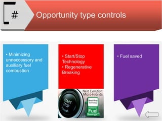 Opportunity type controls#
• Minimizing
unneccessory and
auxiliary fuel
combustion
• Start/Stop
Technology
• Regenerative
Breaking
• Fuel saved
 