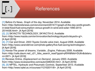 References[.]
[1] Before it's News, Graph of the day, November 2014. Available
from:<http://beforeitsnews.com/environment/2014/11/graph-of-the-day-world-growth-
in-total-fossil-fuel-consumption-versus-growth-in-wind-and-solar-1990-2013-
2514436.html>. [4 April 2016]
[2], [3] SKYACTIV TECHNOLOGY, SKYACTIV-G. Available
from:<http://www.mazda.com/en/innovation/technology/skyactiv/skyactiv-g/>.
[4 April 2016]
[4], [7] Car and Driver, 2003 Toyota Corolla valve train, August 2008. Available
from:<http://www.caranddriver.com/photo-gallery/five-fuel-saving-technologies>.
[4 April 2016]
[5] Honda-The power of dreams, Variable...Engine, February 2008. Available
from:<http://cafe.daum.net/_c21_/bbs_search_read?grpid=pf0W&fldid=DU6v&datanu
m=267>. [4 April 2016]
[6] Reviews Online, Displacement on Demand, January 2003. Available
from:<http://www.reviewsonline.com/auto/GMDOD.htm>. [4 April 2016]
[8], [9] NPTEL, Hydraulic and Pneumatic Controls, September 2013. Available
from:<http://www.nptel.ac.in/courses/112102011/6>. [4 April 2016]
 