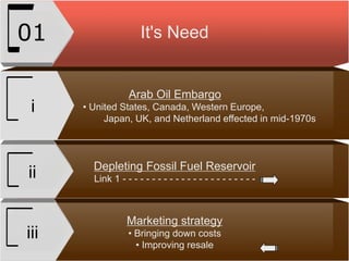 It's Need01
Arab Oil Embargo
• United States, Canada, Western Europe,
Japan, UK, and Netherland effected in mid-1970s
i
Depleting Fossil Fuel Reservoir
Link 1 - - - - - - - - - - - - - - - - - - - - - - -ii
Marketing strategy
• Bringing down costs
• Improving resale
iii
 