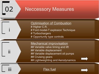 Neccessory Measures02
Optimisation of Combustion
# Higher C.R.
# Ford model-T explosion Technique
# Turbochargers
# Opportunity type controls
i
Mechanical improvisation
## Variable valve timing and lift
## Variable displacement
## Variable displacement oil pumps
## Cruising gears
## Lightweighting and Aerodynamics
ii
Flex fueliii
 