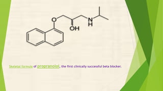 Skeletal formula of propranolol, the first clinically successful beta blocker.
 
