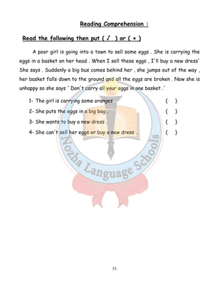 Reading Comprehension : 
Read the following then put ( √ ) or ( × ) 
A poor girl is going into a town to sell some eggs . She is carrying the 
eggs in a basket on her head . When I sell these eggs , I'll buy a new dress' 
She says . Suddenly a big bus comes behind her , she jumps out of the way , 
her basket falls down to the ground and all the eggs are broken . Now she is 
unhappy so she says ' Don't carry all your eggs in one basket .' 
1- The girl is carrying some oranges . ( ) 
2- She puts the eggs in a big bag . ( ) 
3- She wants to buy a new dress . ( ) 
4- She can't sell her eggs or buy a new dress . ( ) 
33 
 