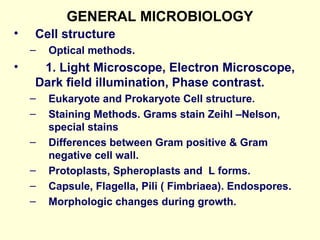 GENERAL MICROBIOLOGY
• Cell structure
– Optical methods.
• 1. Light Microscope, Electron Microscope,
Dark field illumination, Phase contrast.
– Eukaryote and Prokaryote Cell structure.
– Staining Methods. Grams stain Zeihl –Nelson,
special stains
– Differences between Gram positive & Gram
negative cell wall.
– Protoplasts, Spheroplasts and L forms.
– Capsule, Flagella, Pili ( Fimbriaea). Endospores.
– Morphologic changes during growth.
 